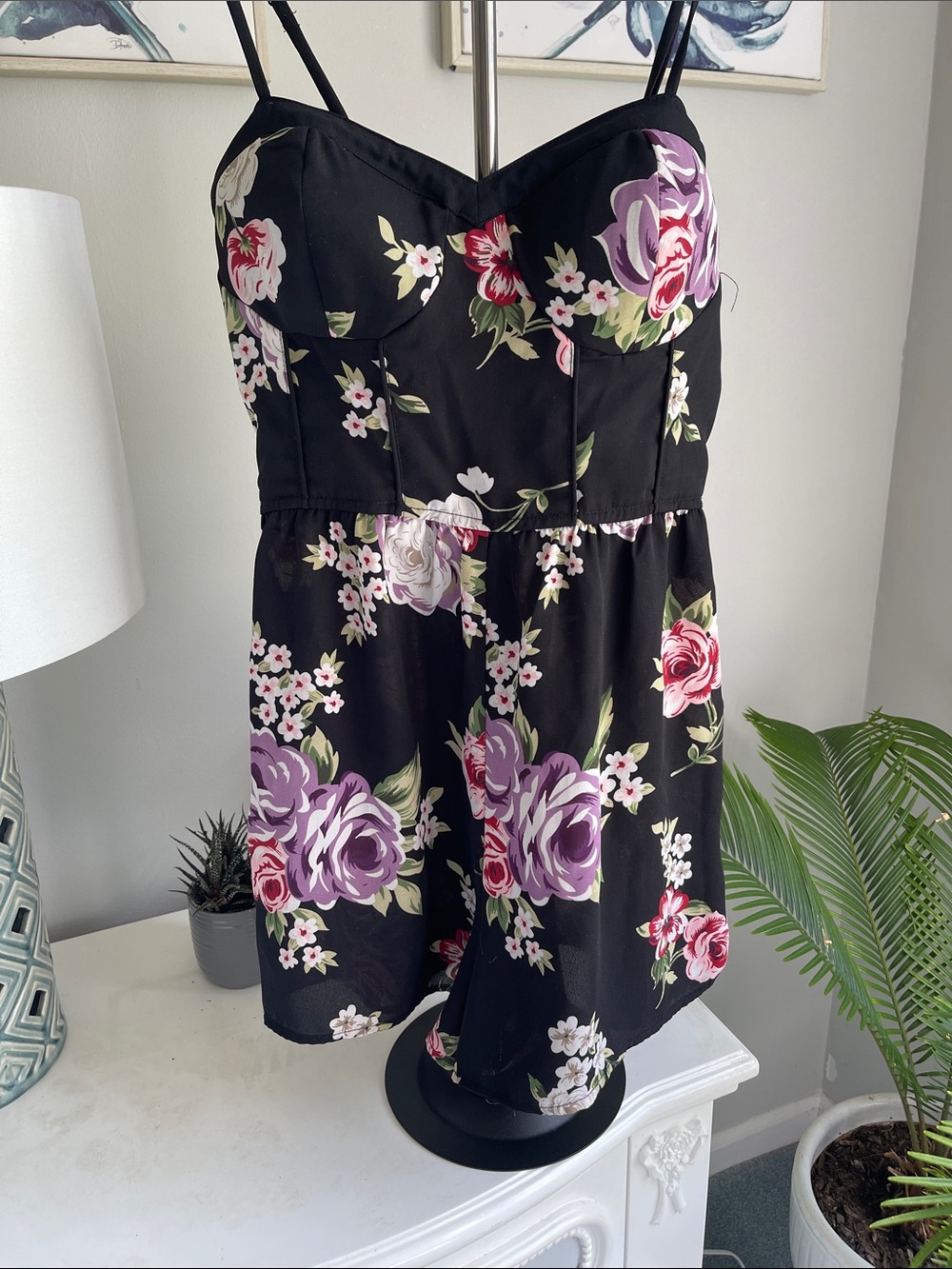 Xhilaration Black Floral Bustier with Pink & Purple Roses
